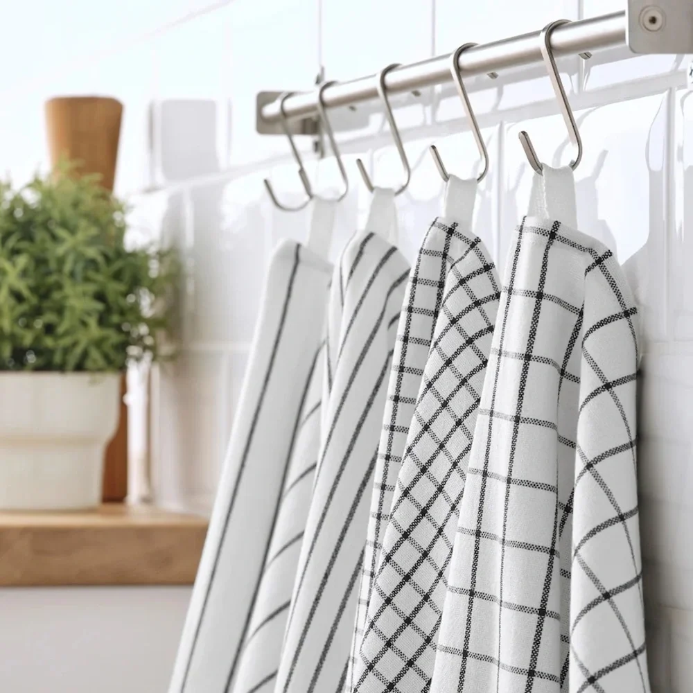RINNIG Dish towel, white/dark gray/patterned, 18x24 